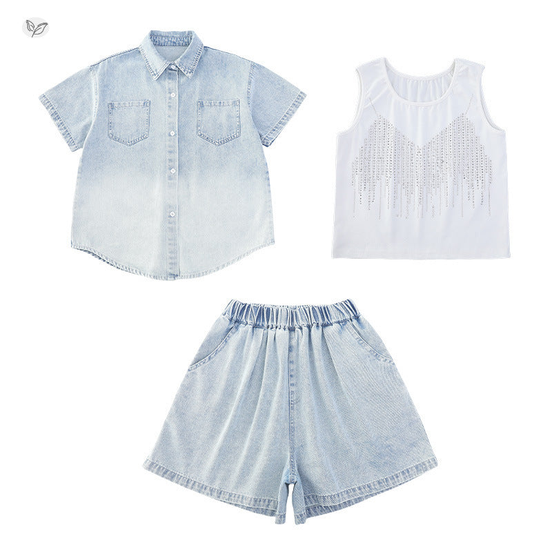 Children's Summer Rhinestone Vest Shirt Shorts Three-piece Set Children's Suit