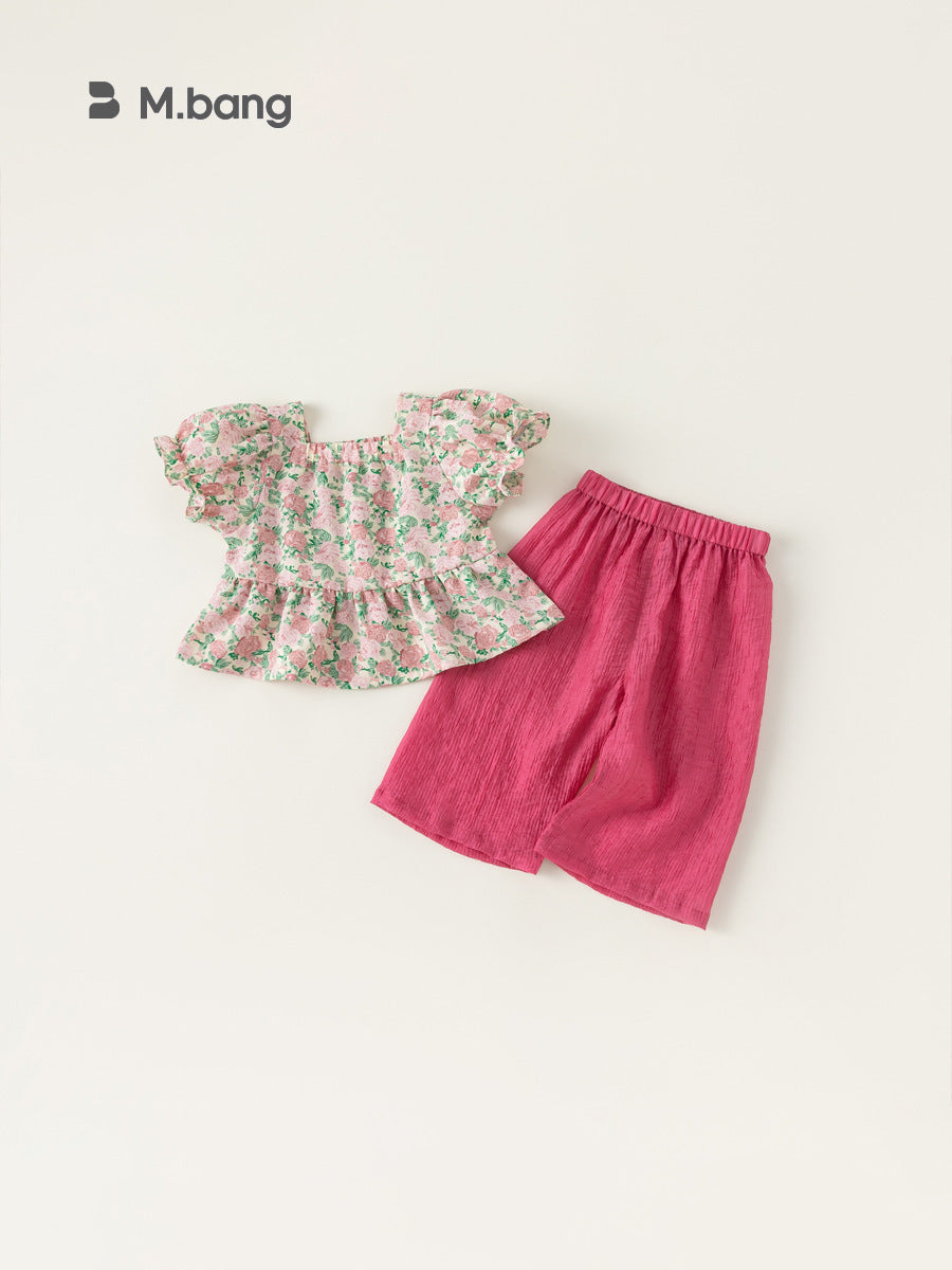 Children's Summer Dress Puff Sleeve Top Pants Clothes Children's Suit