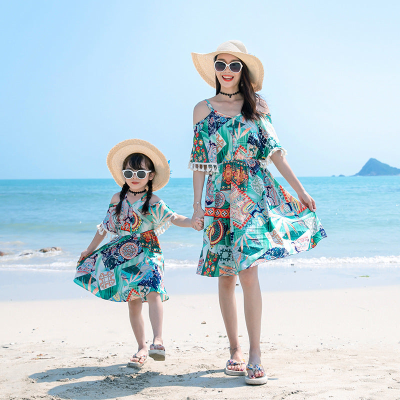 Wear Summer Holiday Western Style Casual Bell Sleeve Midi Parent-child Outfit