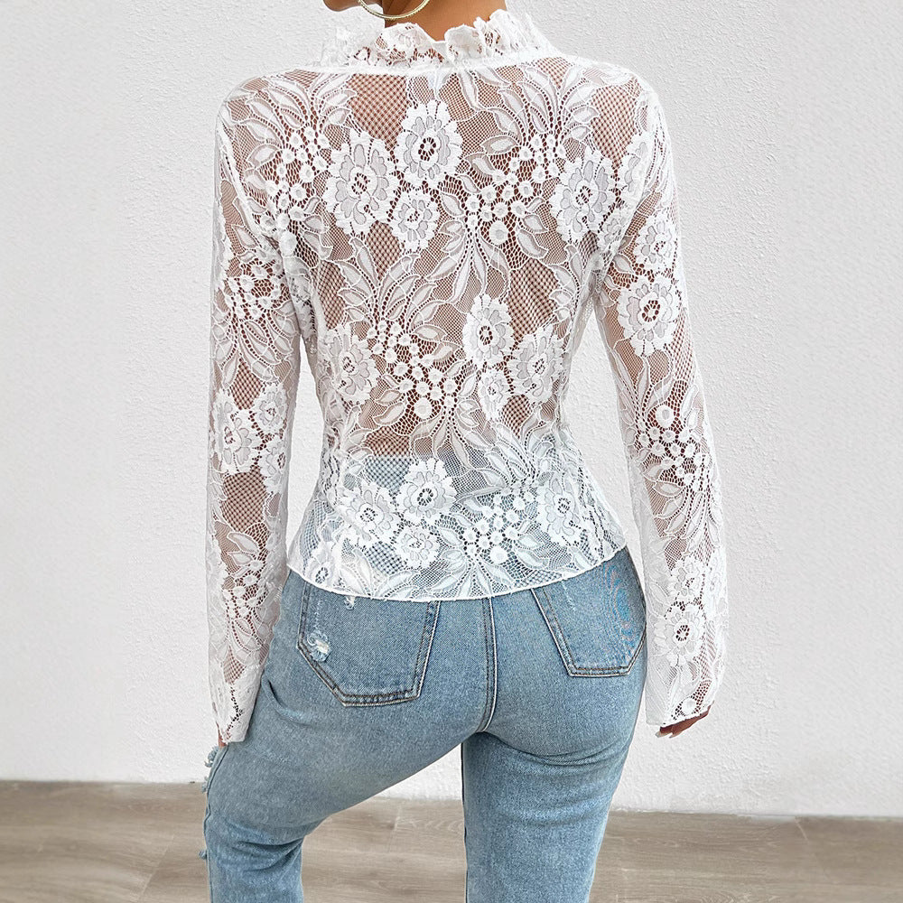 Women's Autumn Sexy Slim Long Sleeve Lace Shirt, Chiffon Shirt