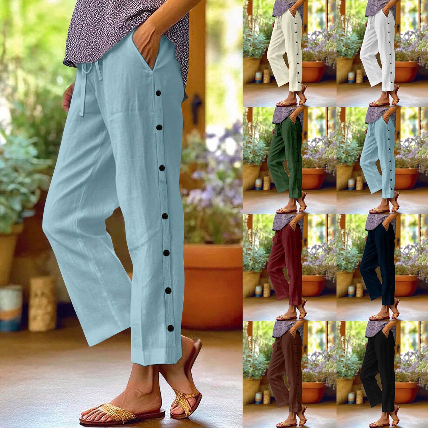 Women's Cropped Side Seam Decorative Buckle Pocket High Waist Pants