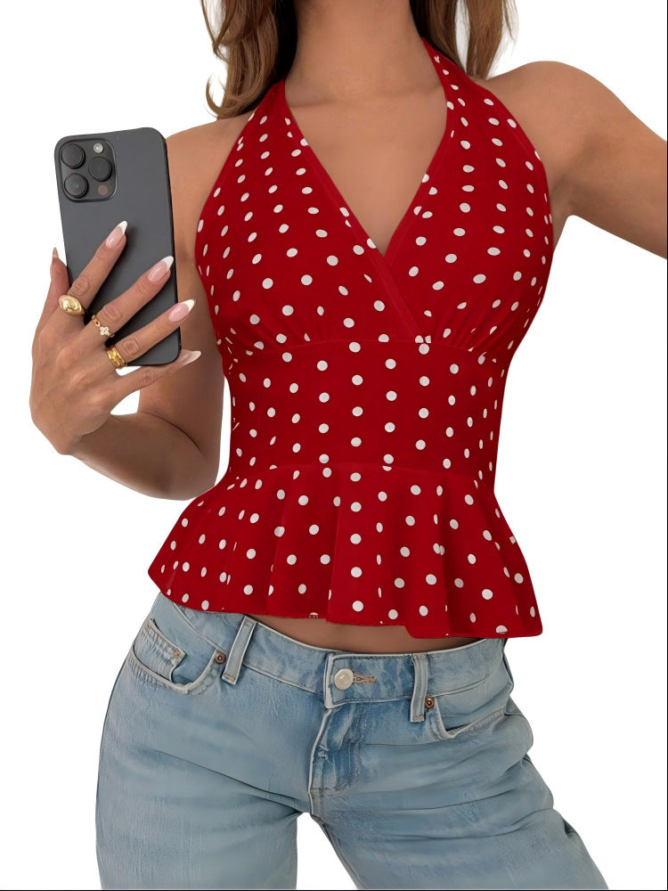 Retro Dots Printed Halter Backless Sexy Sling Elegant Tops