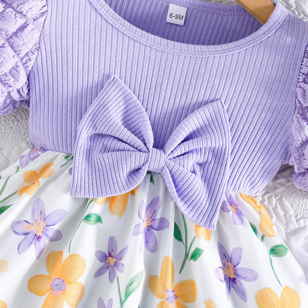Puff Sleeve Sunken Stripe Top Floral Children's Dress