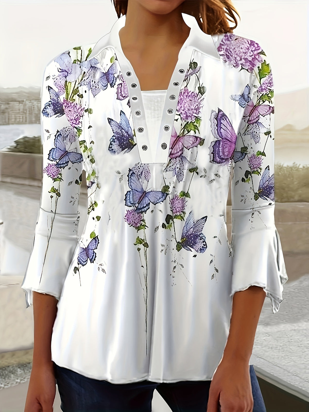 Autumn Print Polo Collar Irregular Sleeve Women's T-shirt