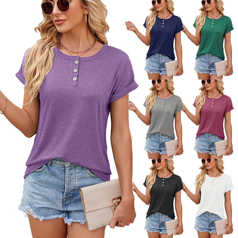 Women's Summer Solid Color Round Neck Button Women's T-shirt