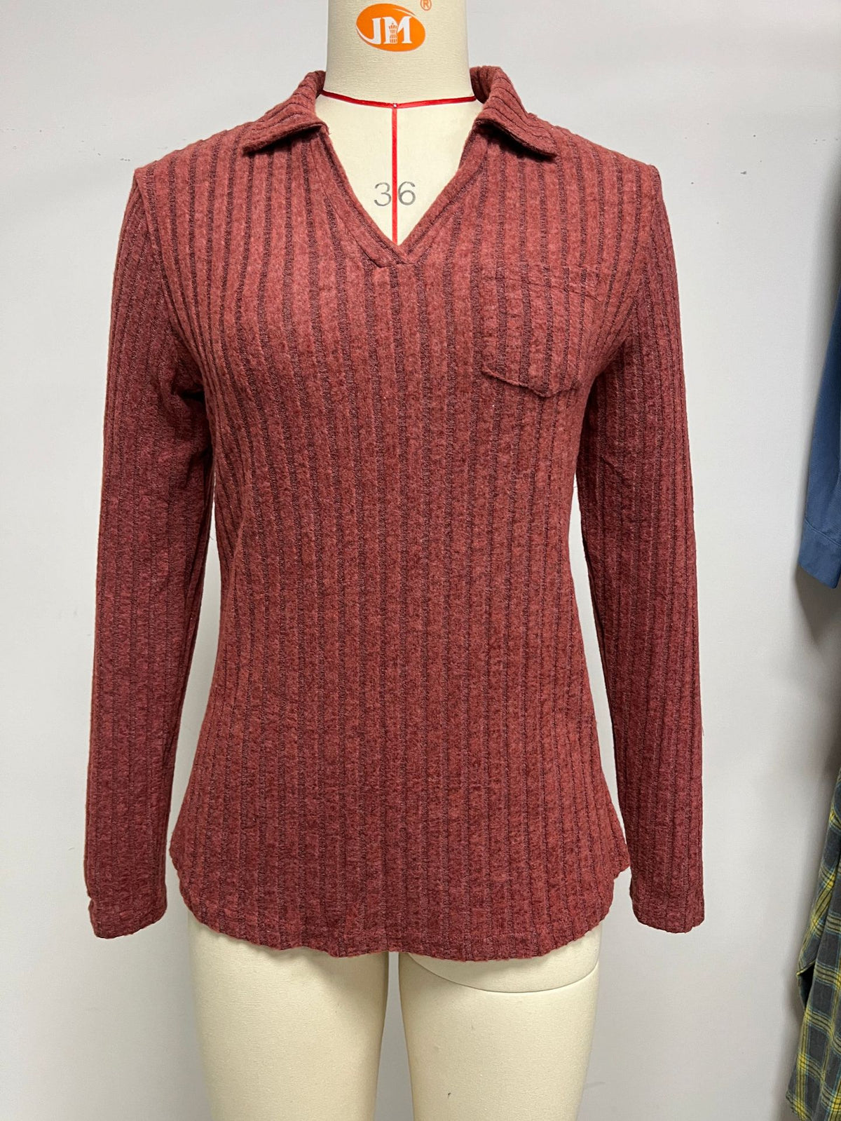 Women's Solid Color Polo Collar Pocket Long Sleeve Tops