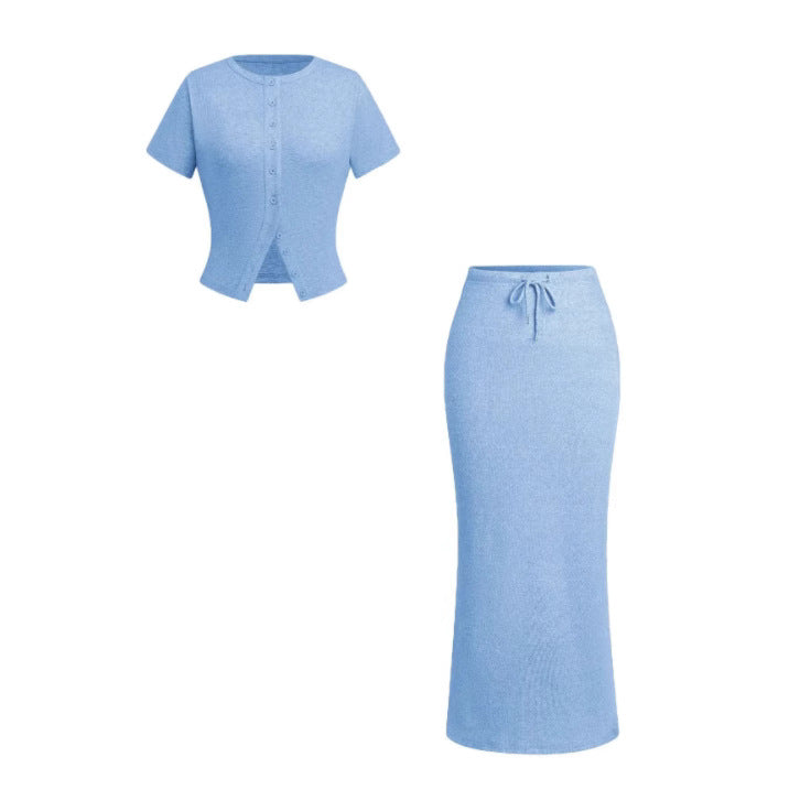 Summer Buttoned Short-sleeved Dress Female Ornament Fashion Casual Suit