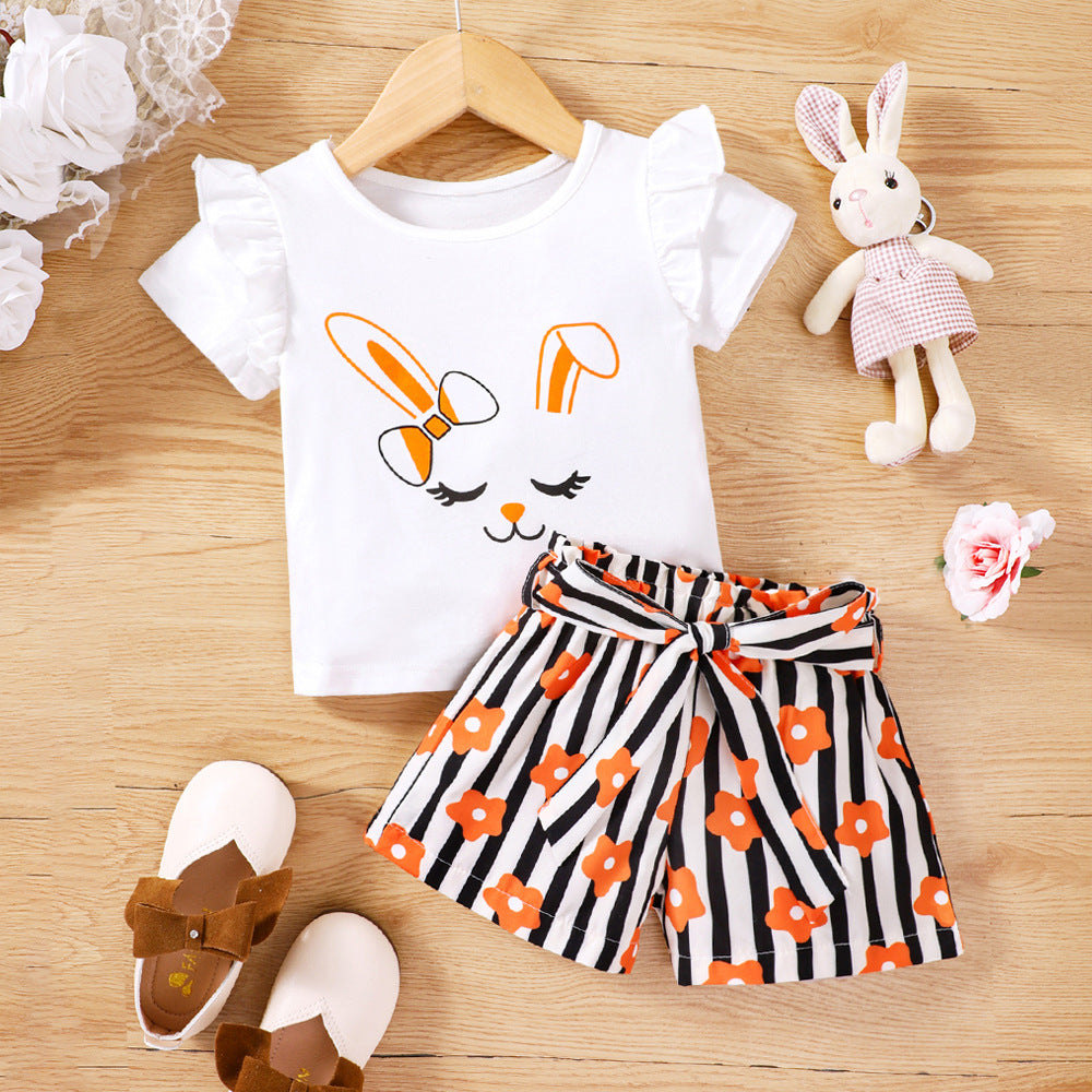Children's Clothing Summer Cartoon Rabbit Print Striped Children's Suit