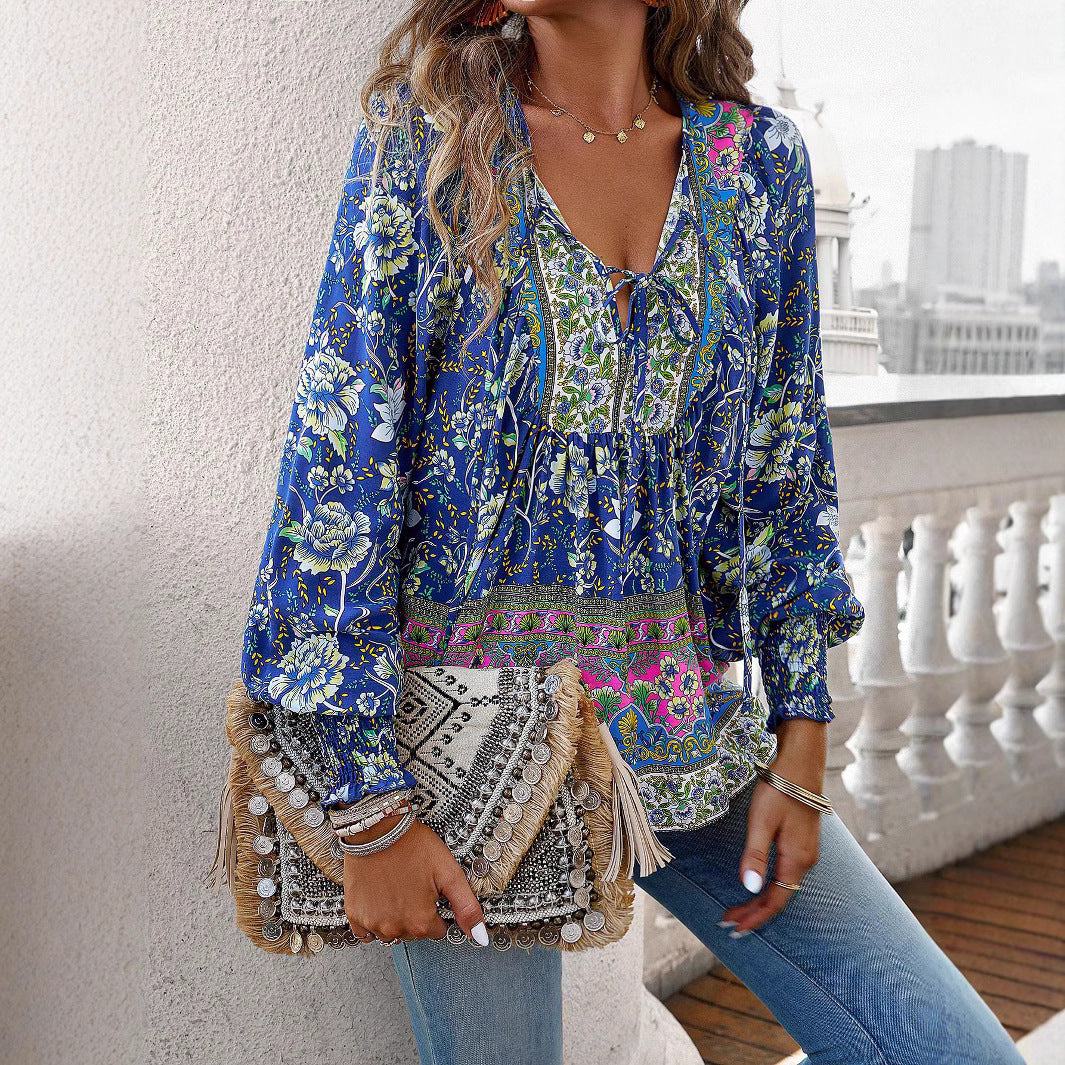 Women's Bohemian Vacation Style Printed Long Sleeve Blouse