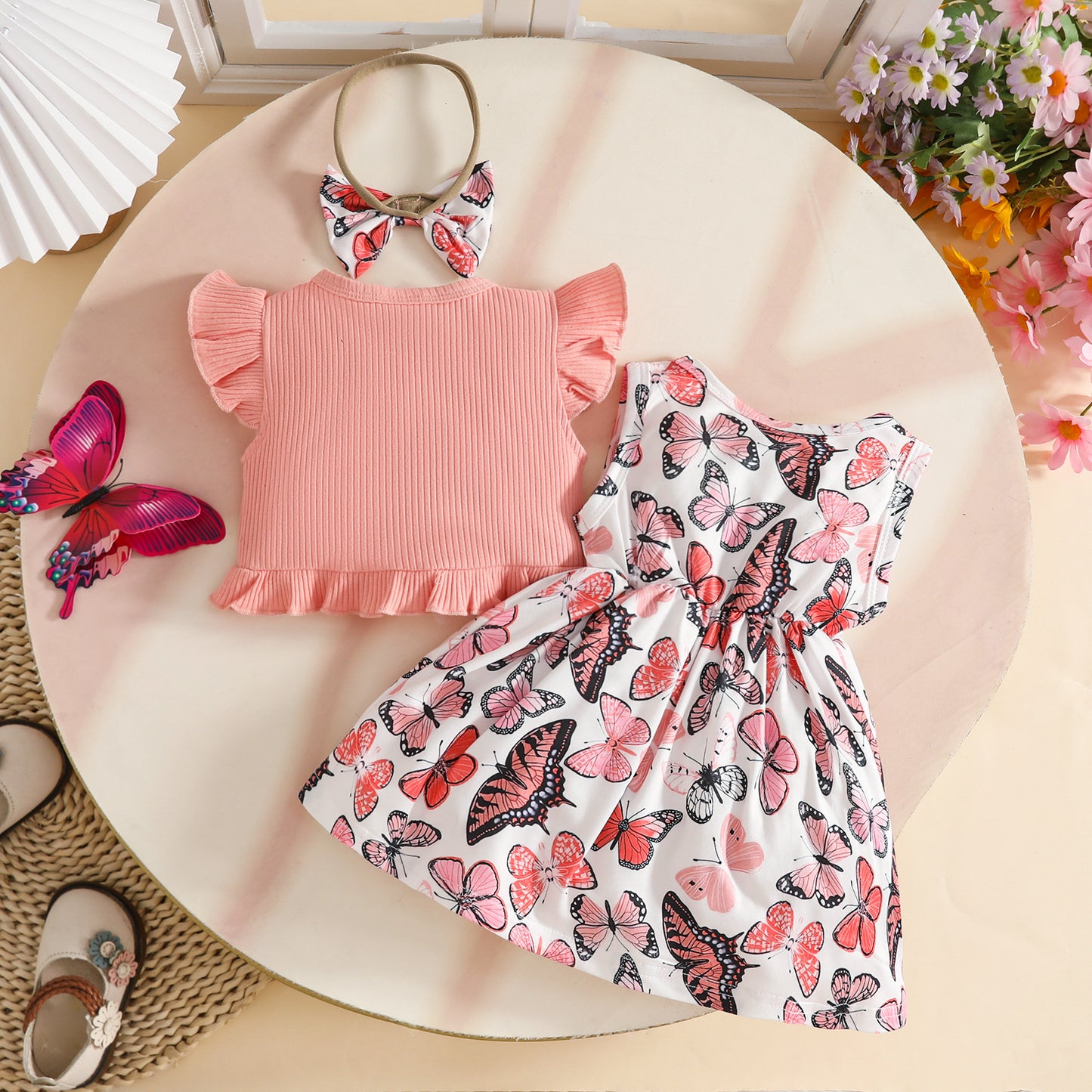 Sunken Stripe Short Printed Butterfly Flower Children's Suit