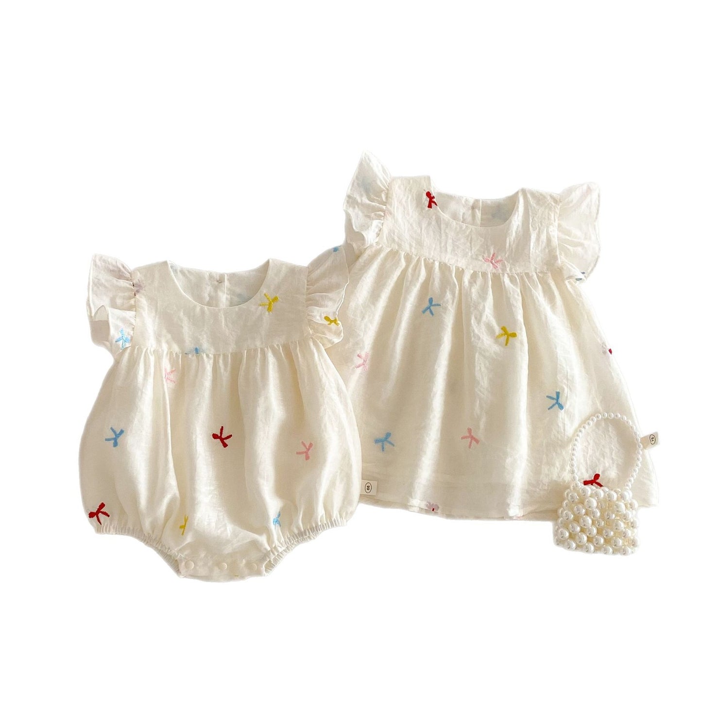 Small Left Right Summer Embroidered Bow Romper Jumpsuit, Climbing Suit