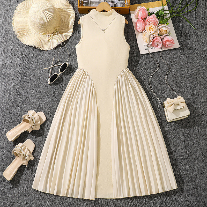 Fashion Stand Collar Elegant Pleated Patchwork Children's Dress