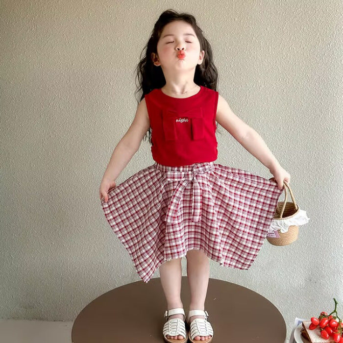 Children's Korean Style Western Skirt Medium Big Summer Short Vest Tartan Children's Suit