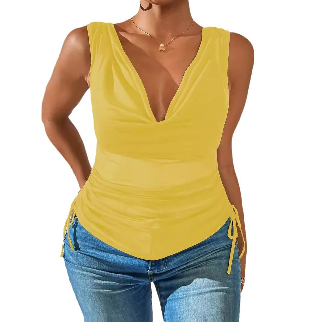 Fashionable Sexy Pile Collar Deep V Solid Color Drawstring Small Vest/suspenders/tube Top