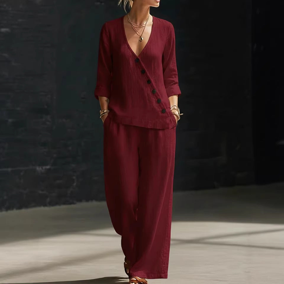Women's Loose Diagonal Button Shirt Wide Leg Two-piece Fashion Casual Suit