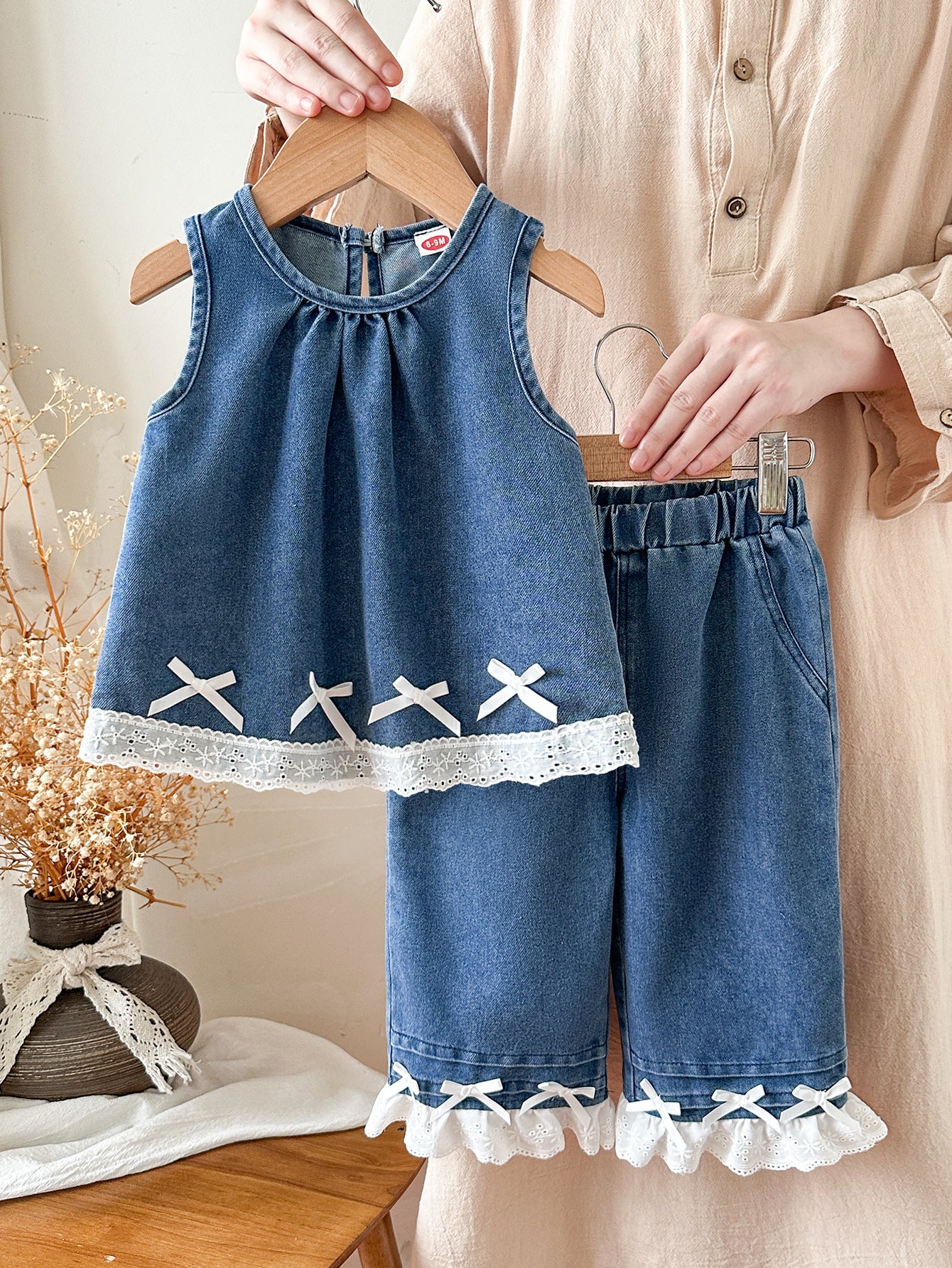 Clothes Western Style Doll Type Sleeveless Denim Stitching Lace Ruffle Children's Suit