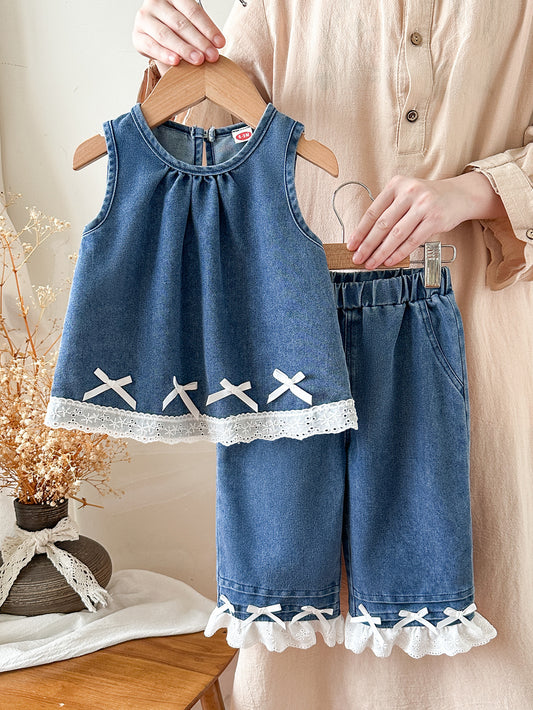 Clothes Western Style Doll Type Sleeveless Denim Stitching Lace Ruffle Children's Suit