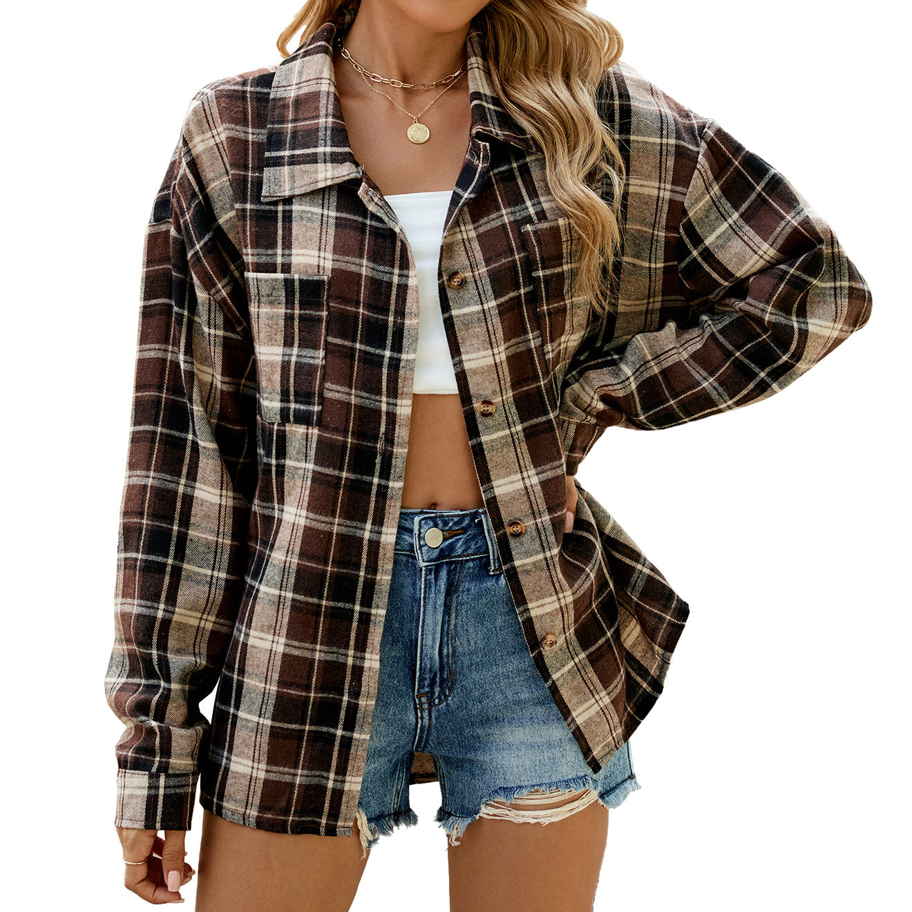 Women's Lapel Long Sleeve Pocket Button Plaid Shirt Tops