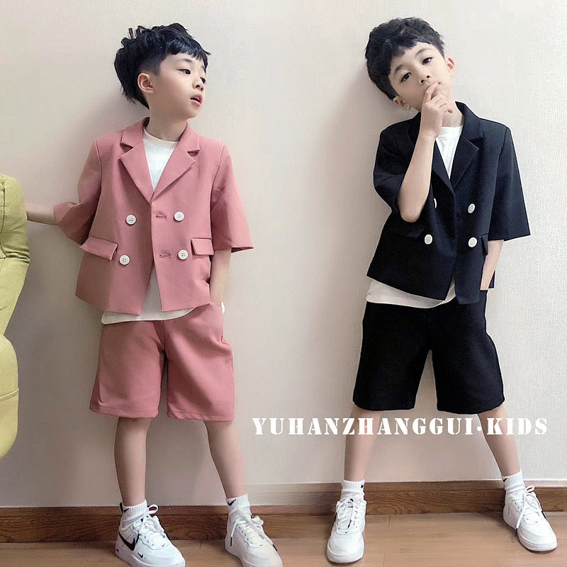 Children's Summer Short Sleeve Trendy Handsome British Dress Flower Catwalk Children's Suit