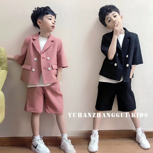 Children's Summer Short Sleeve Trendy Handsome British Dress Flower Catwalk Children's Suit