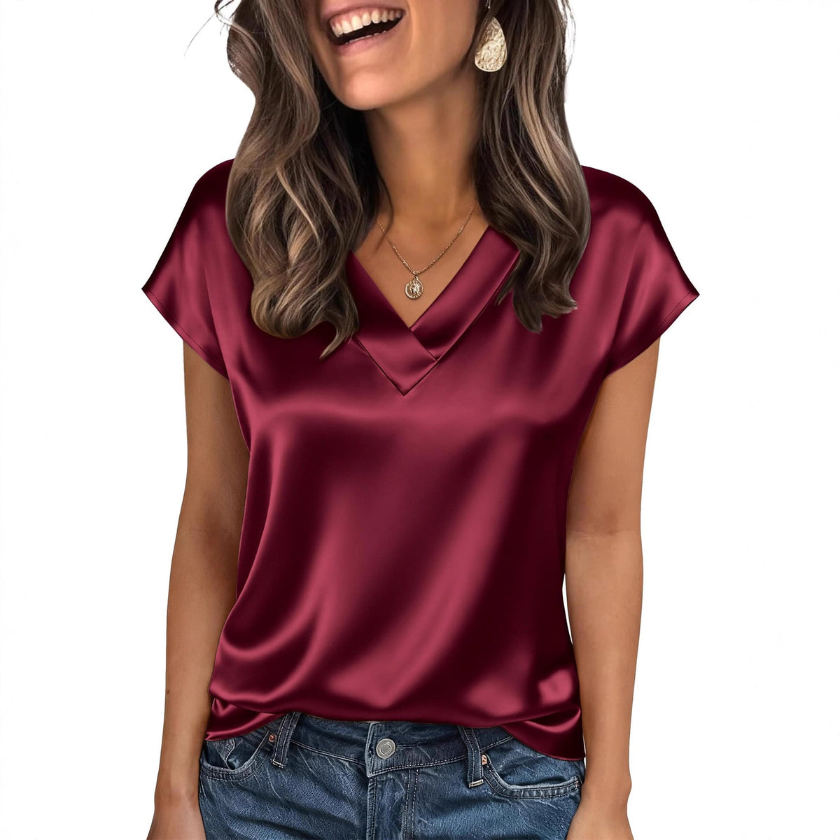 Women's Solid Color Fashionable Satin Short-sleeved Blouse
