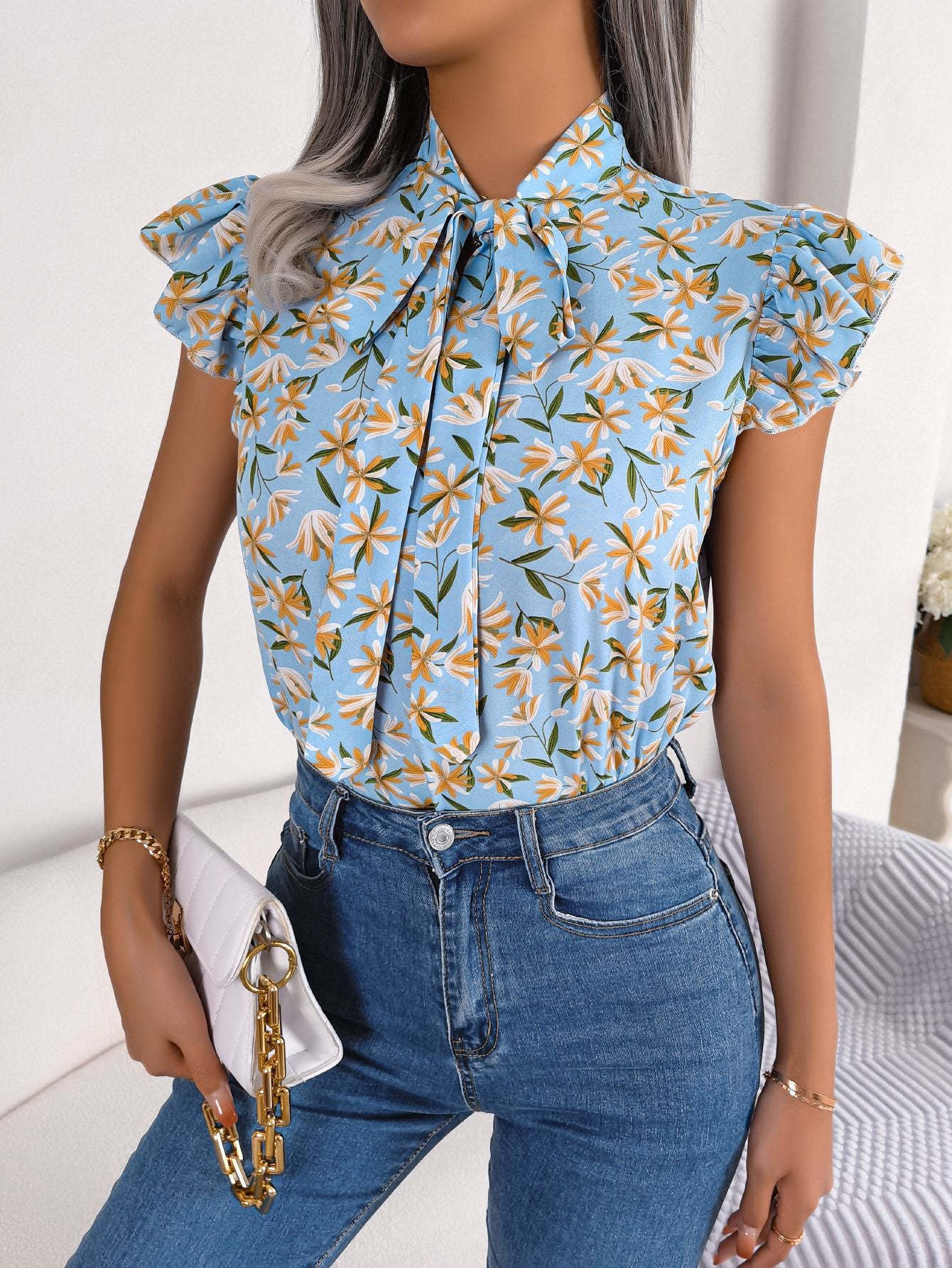 Women's Casual Floral Stringy Seedge Bow Lace Shirt, Chiffon Shirt