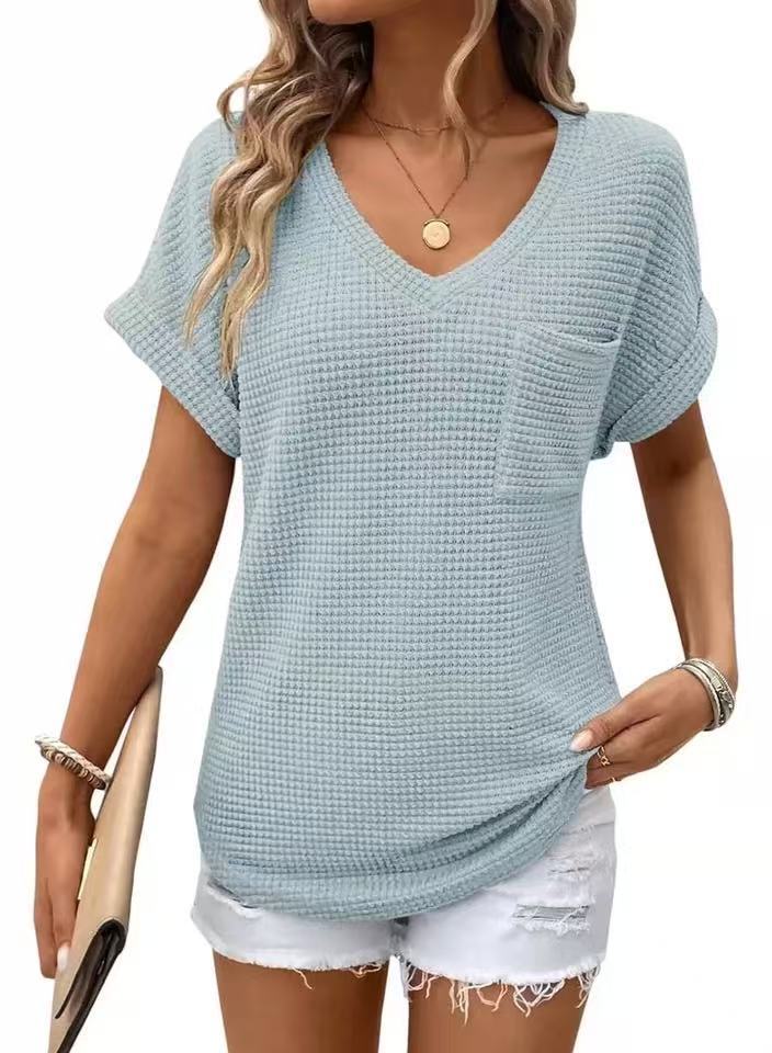 Women's Collar Summer Waffle Pocket Sleeve Women's T-shirt