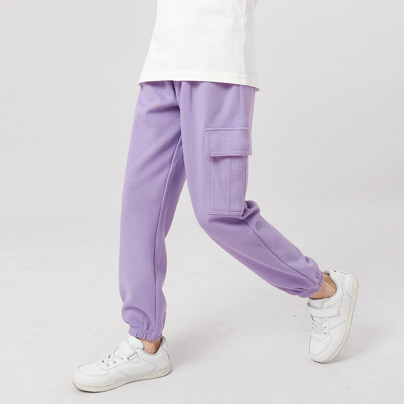Korean Style Boys Medium Big Solid Color Sports Overalls Female Children's Pants