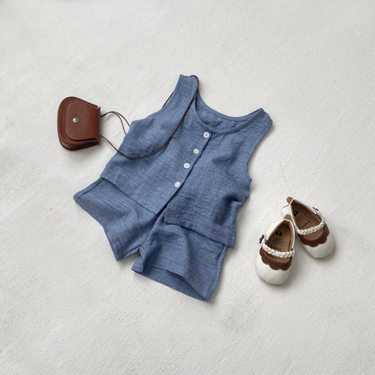 Children's Fashion Dyed Cotton Knit Double-sided Woven Sleeveless T-shirt Children's Suit