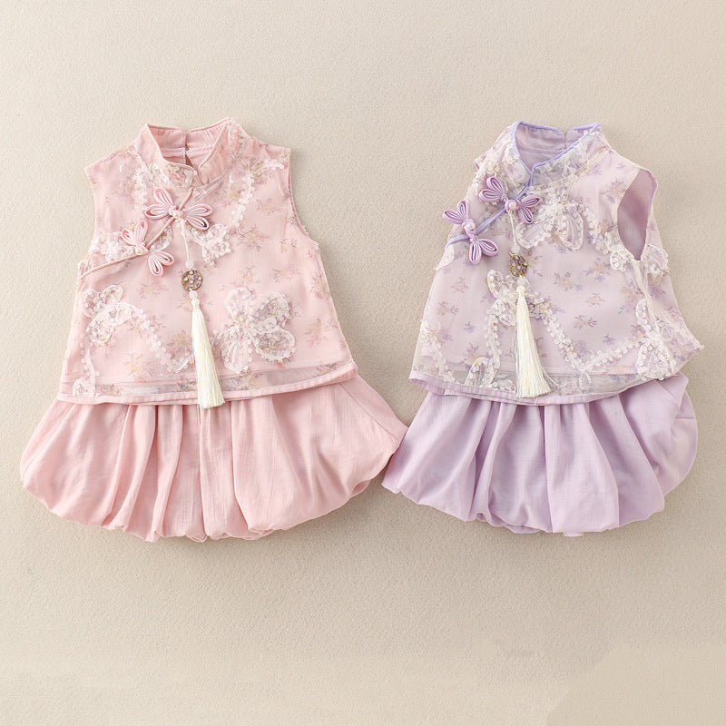 Children's Chinese Style Cheongsam Two-piece Hundred Days Banquet Graph Dress Jumpsuit, Climbing Suit