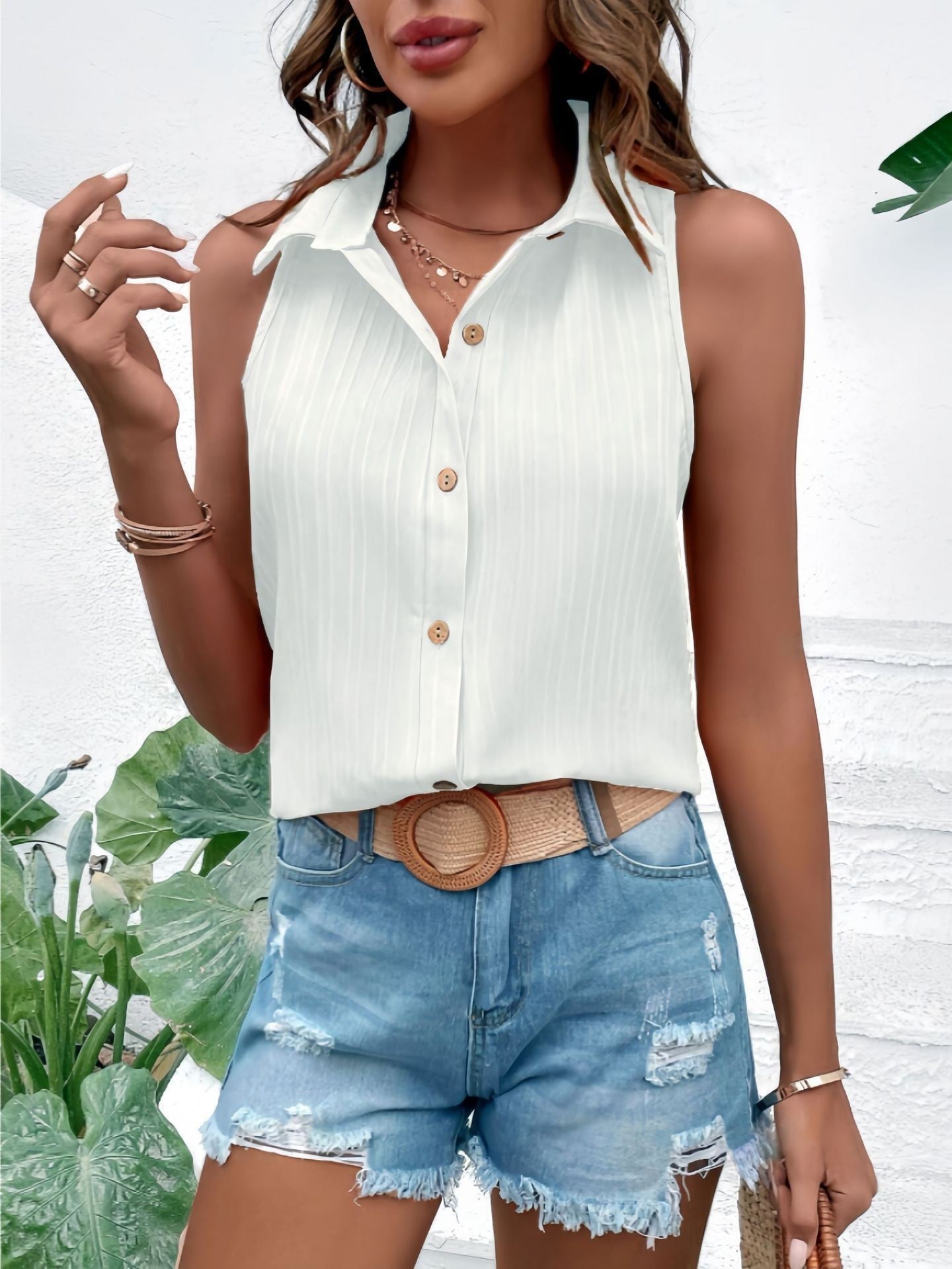 Women's Lapel Sleeveless Shirt Solid Color Simple Elegant Versatile Holiday Inner Clothing
