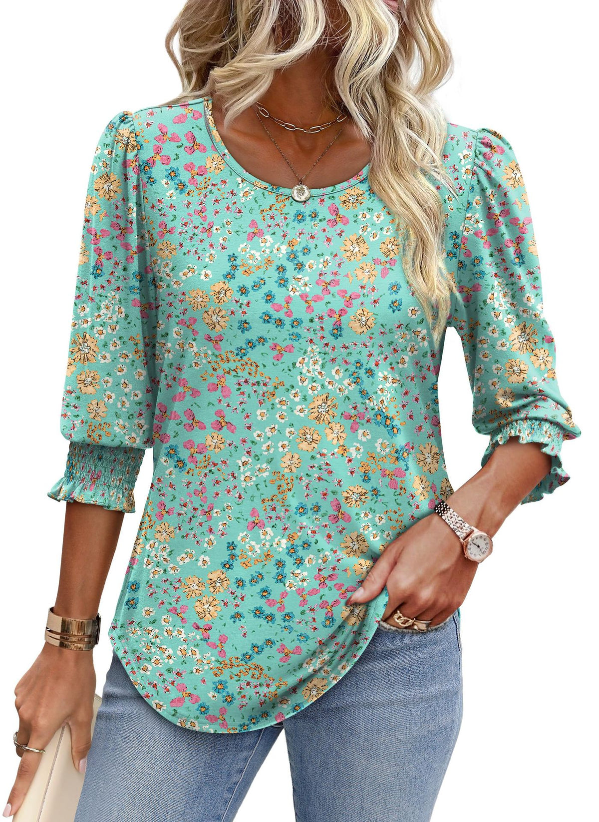 Women's Summer Smocking 7-point Sleeve Round Neck Women's T-shirt