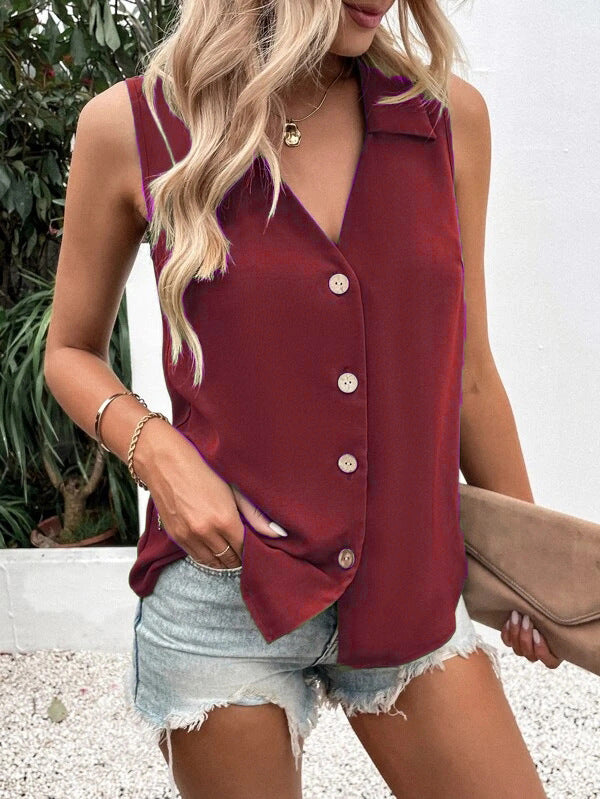 Women's Summer Solid Color Loose Sleeveless Button Clothing