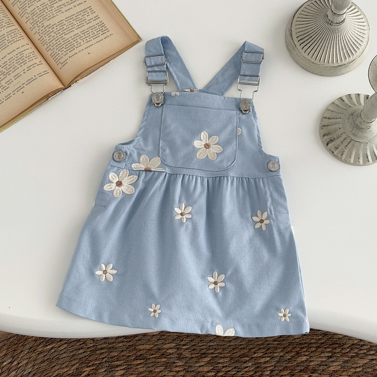Cute Floral Embroidered Suspender Blue Princess Style Loose Children's Dress