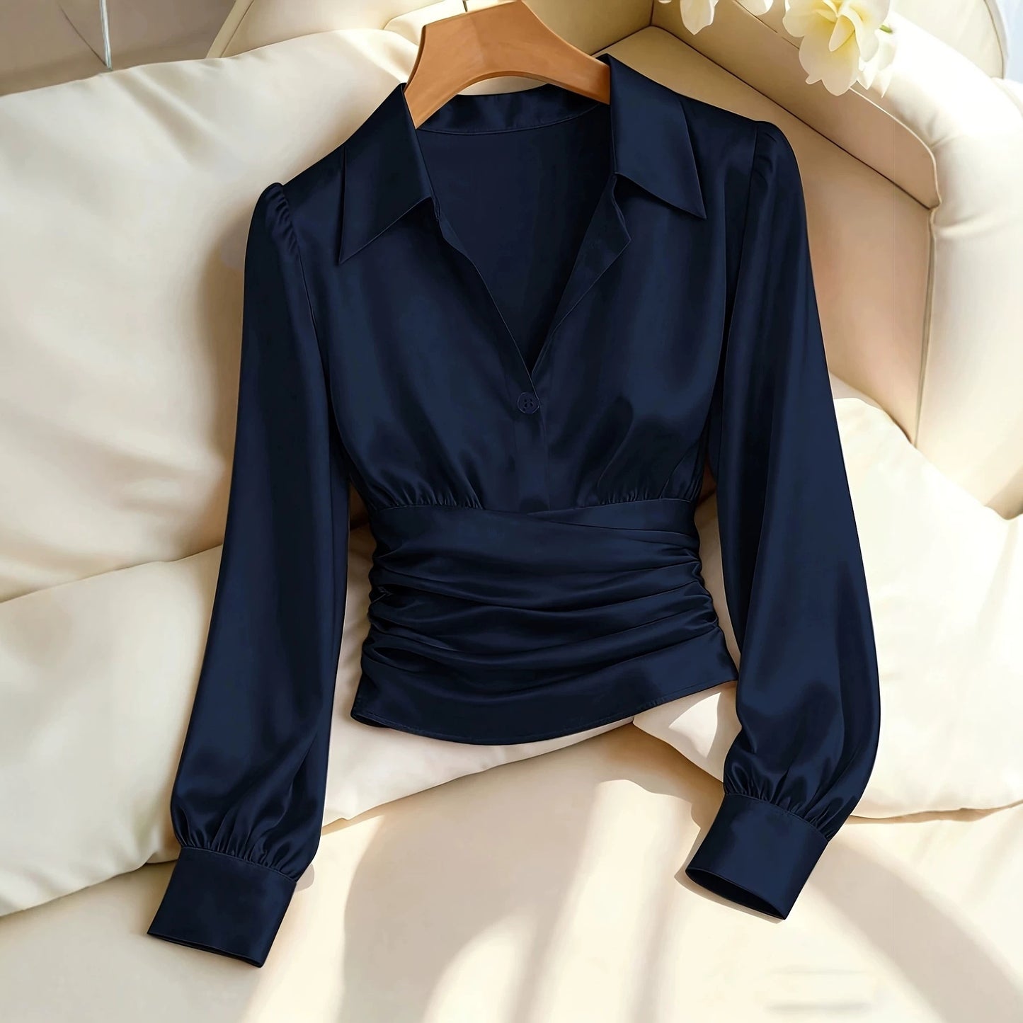 Women's Satin Lapel Shirt Autumn Waist Pleated Elegant Burgundy Collar Puff Blouse