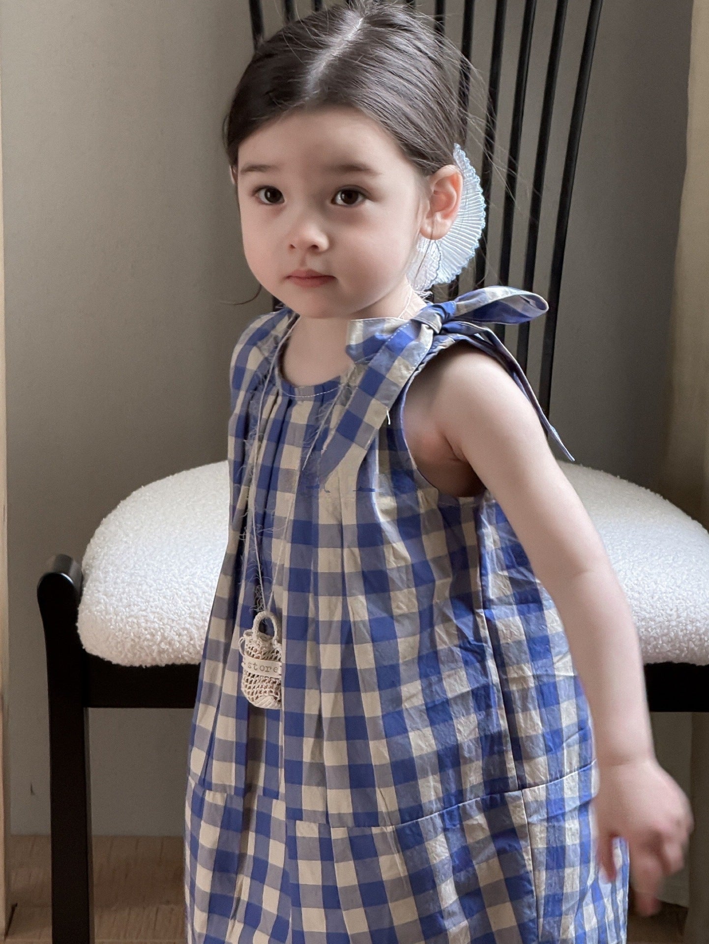 Blue Plaid White Wide Summer Korean Children's Dress
