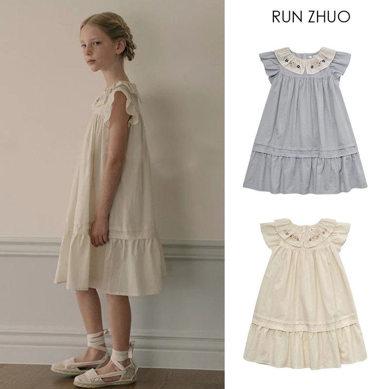 Embroidered Large Lapel Pleated Short-sleeved Princess Children's Dress