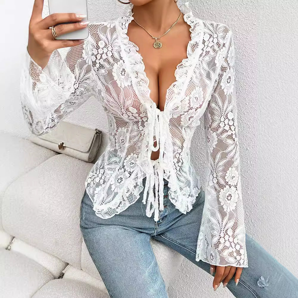 Women's Autumn Sexy Slim Long Sleeve Lace Shirt, Chiffon Shirt