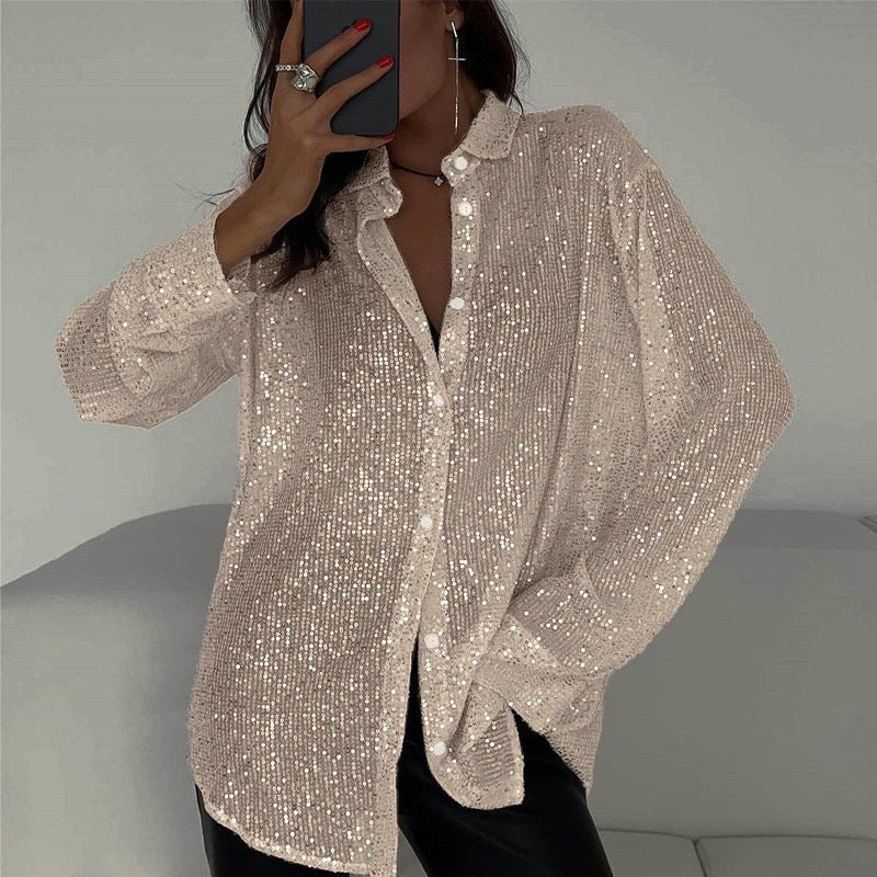 Women's Sequin Lapel Long Sleeve Basic Style Blouse