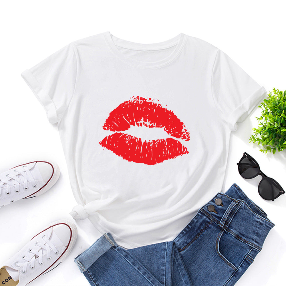 Women's Lip Printings Loose Round Neck Sleeve Women's T-shirt