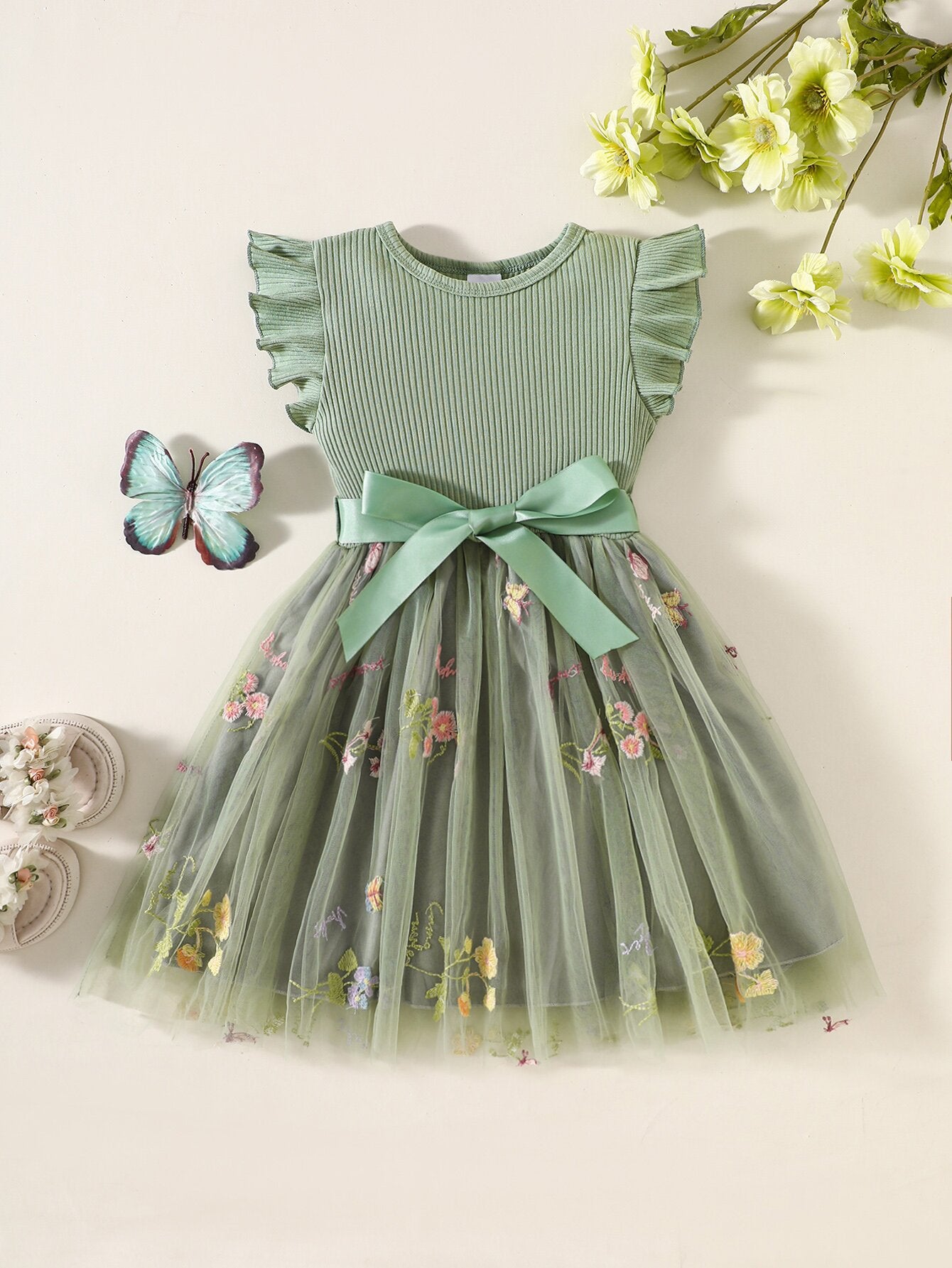 Children's Flounced Sleeve Flower Embroidered Mesh Little Princess Children's Dress