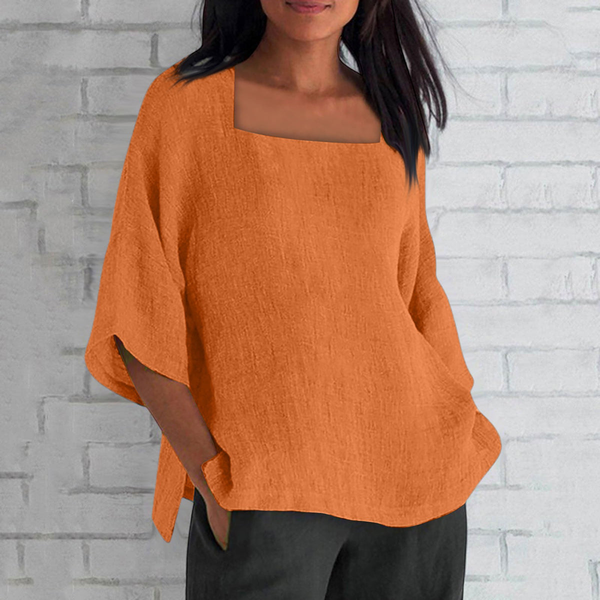 Women's Three-quarter Sleeve Square Collar Cotton Linen Blouse