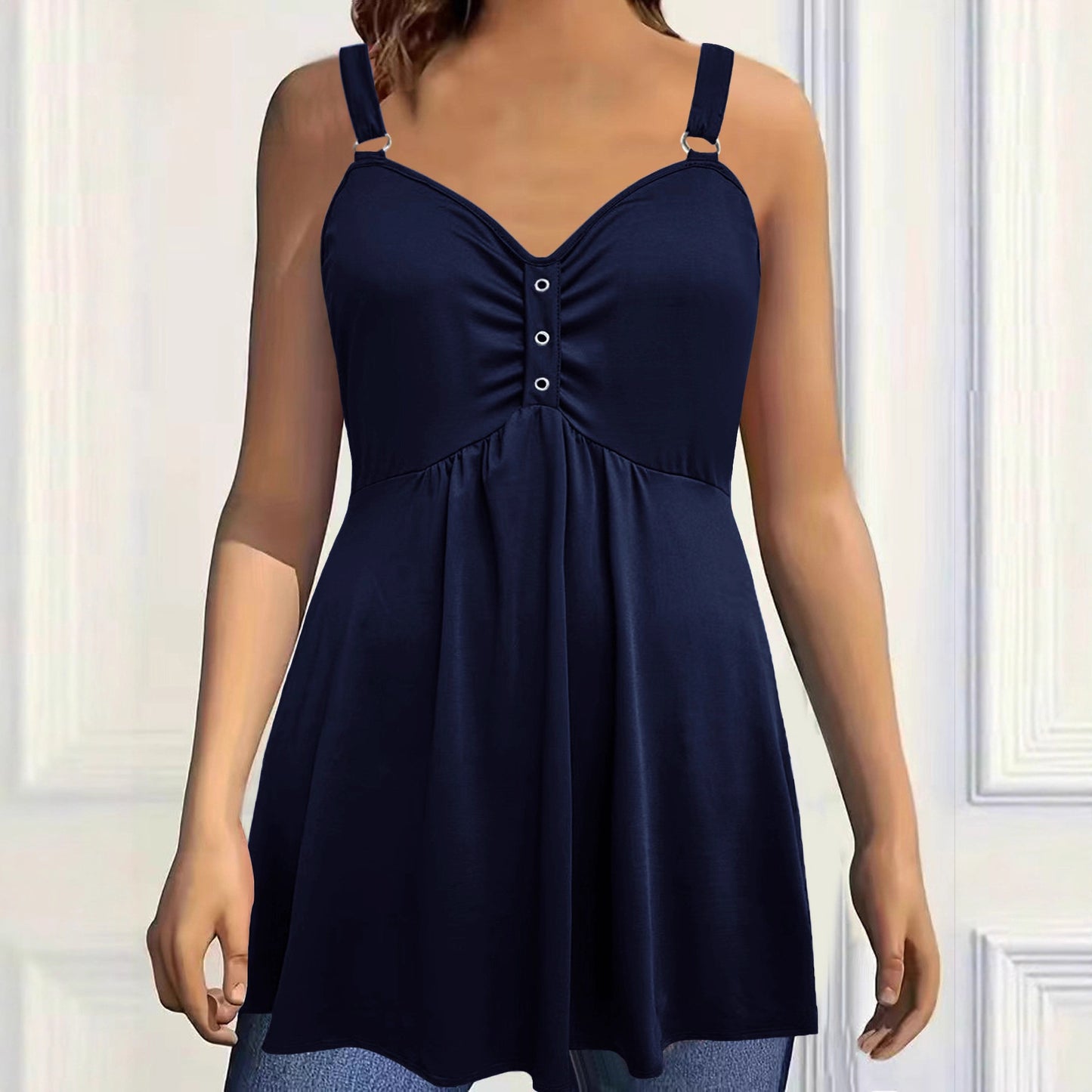 Versatile Solid Color Wide Shoulder Strap Pleated Large Vests