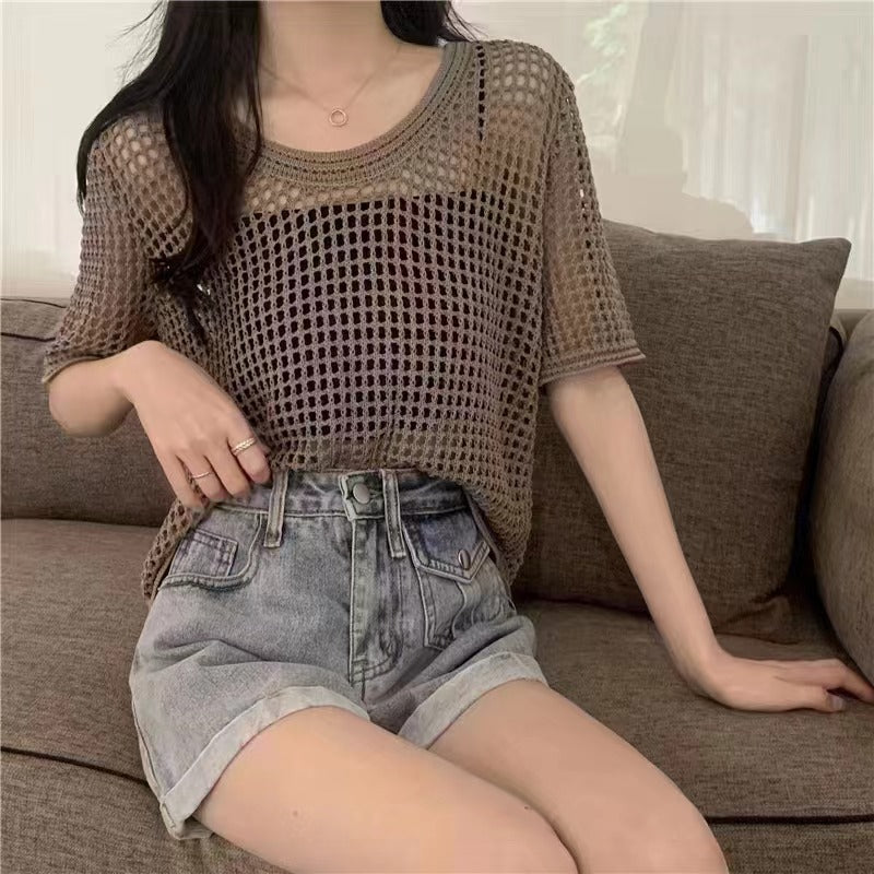 Women's Loose Sun Protection Shoulder Shirt Round Neck Mesh Hollow Women's T-shirt