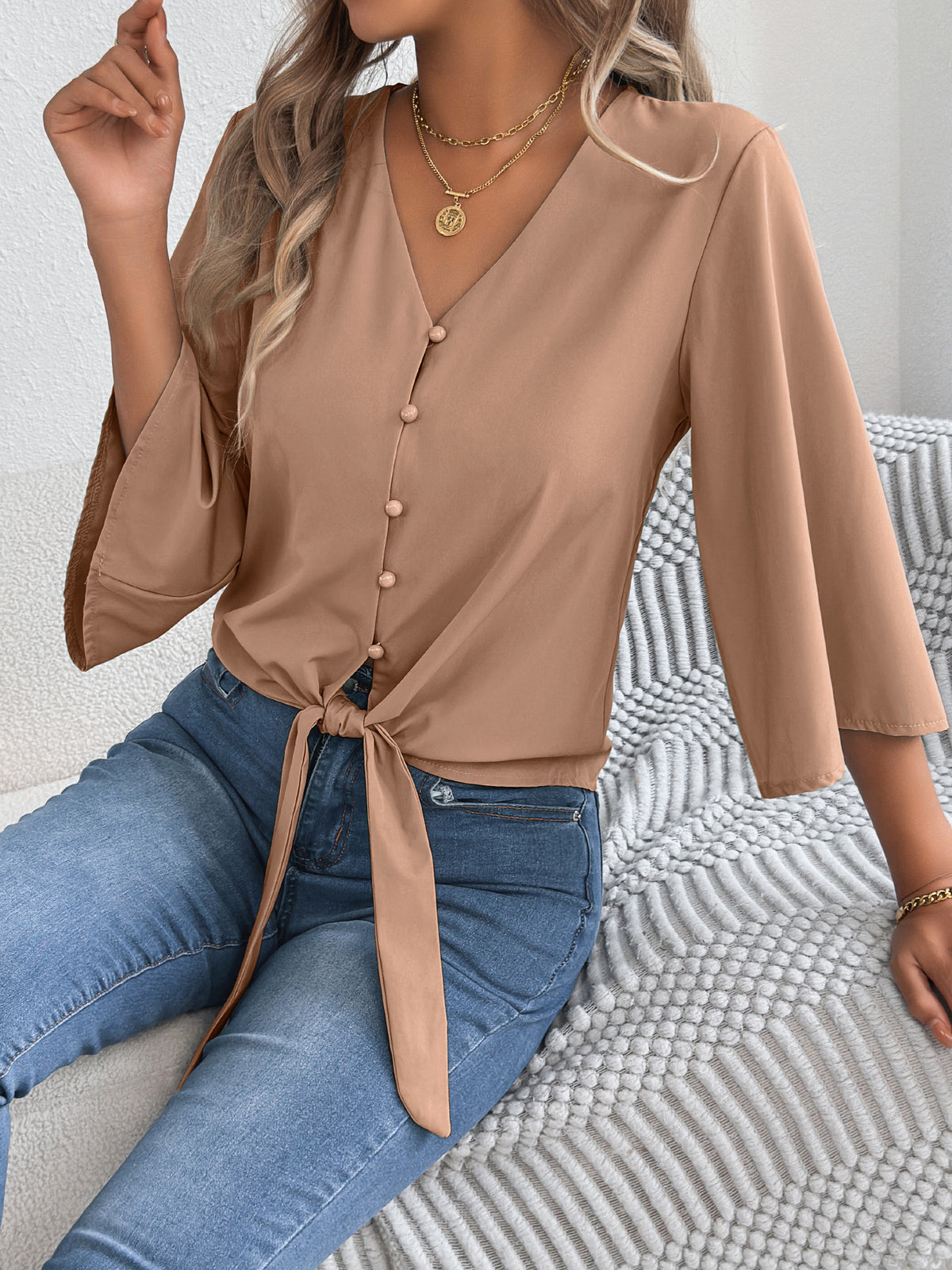 Women's Casual Button Three-quarter Sleeve Knotted Lace Shirt, Chiffon Shirt