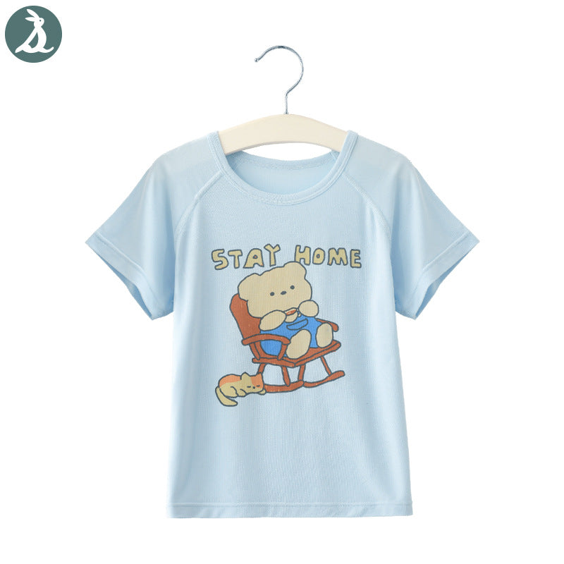 Summer Modal Short-sleeved Cartoon Bear Round Neck Top Half Sleeve Children's T-shirt