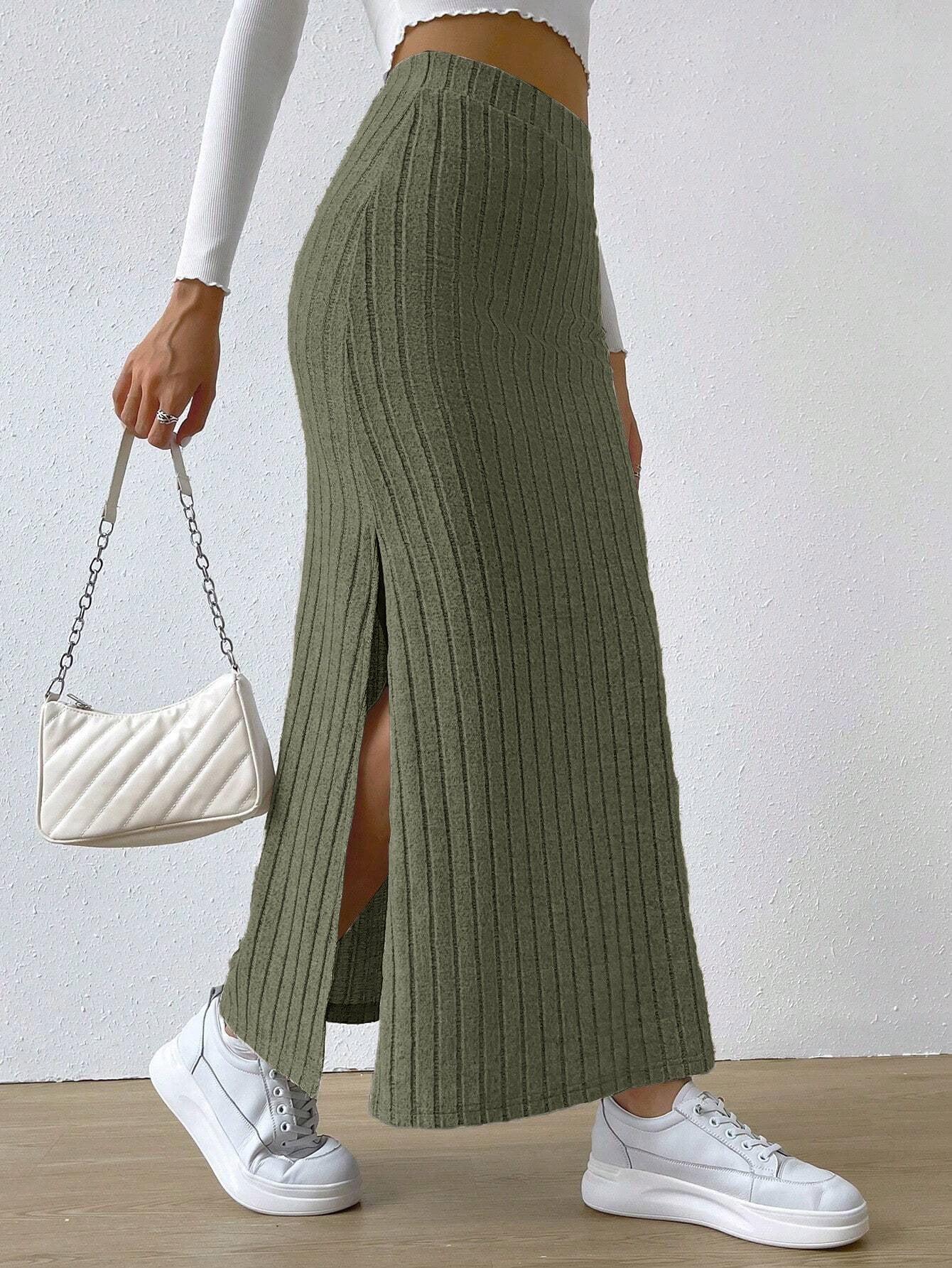 Women's Waist Side Slit Slim Knit Solid Skirt