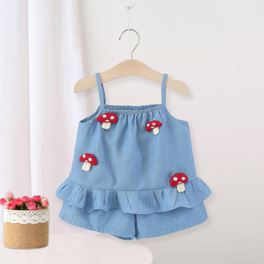 Children's Korean Mushroom Vest Fashion Suspender Shorts Two-piece Children's Suit