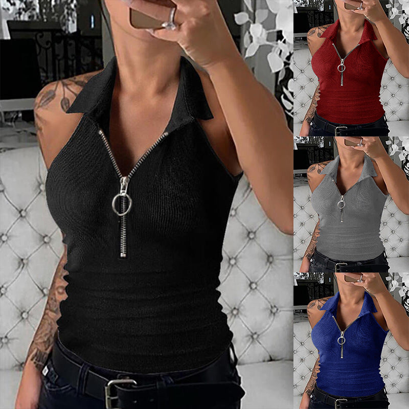 Women's Solid Color Rib Fabric Lapel Zipper Vests