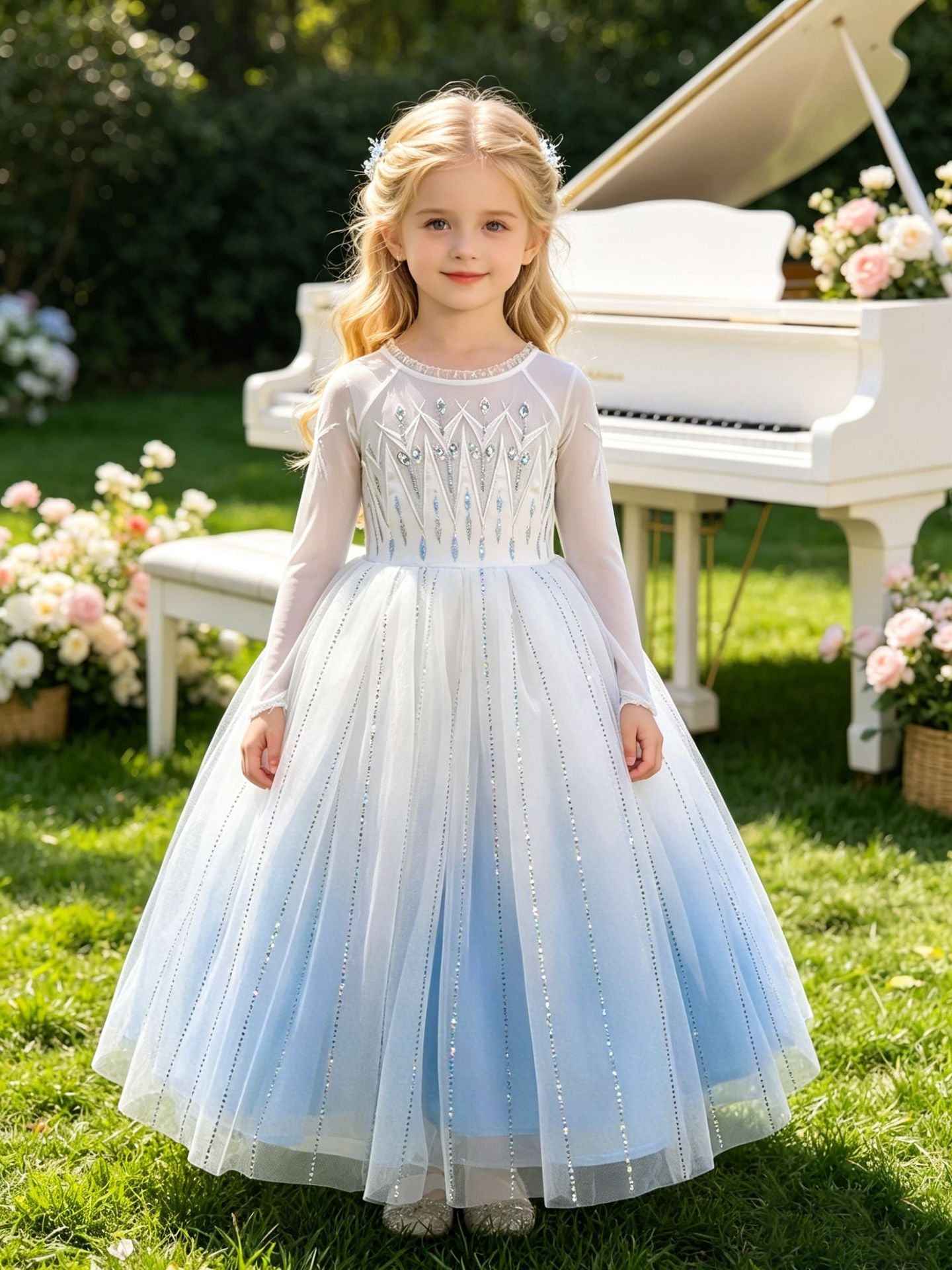 Beads Veil Movie Elsa Style Ice Snow Princess Birthday Piano Children's Dress